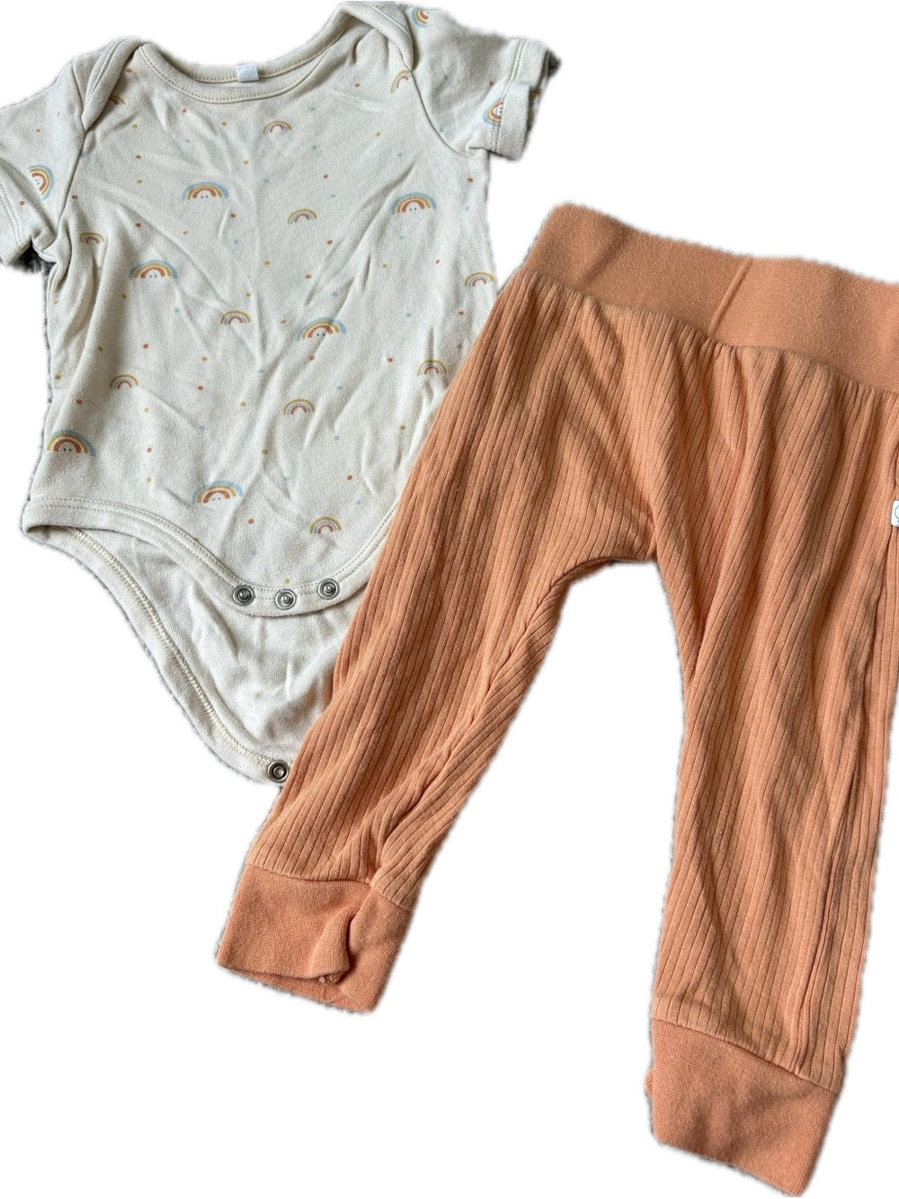 Baby Mori Neutral Rainbow Bodysuit & Rust Ribbed Pants Set